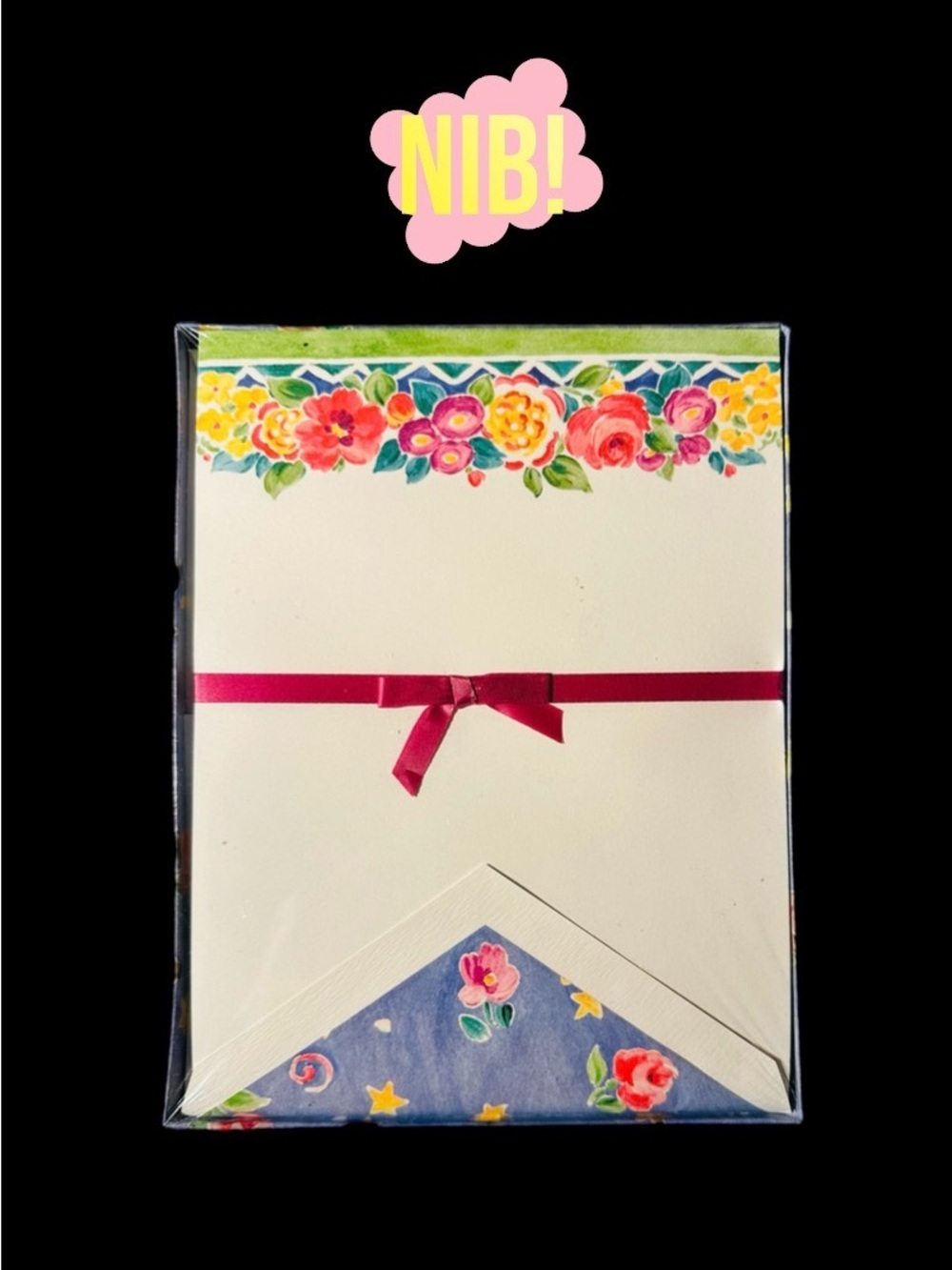 Gibson Floral Stationery Set with Pink Ribbon and Multicolor Floral Border